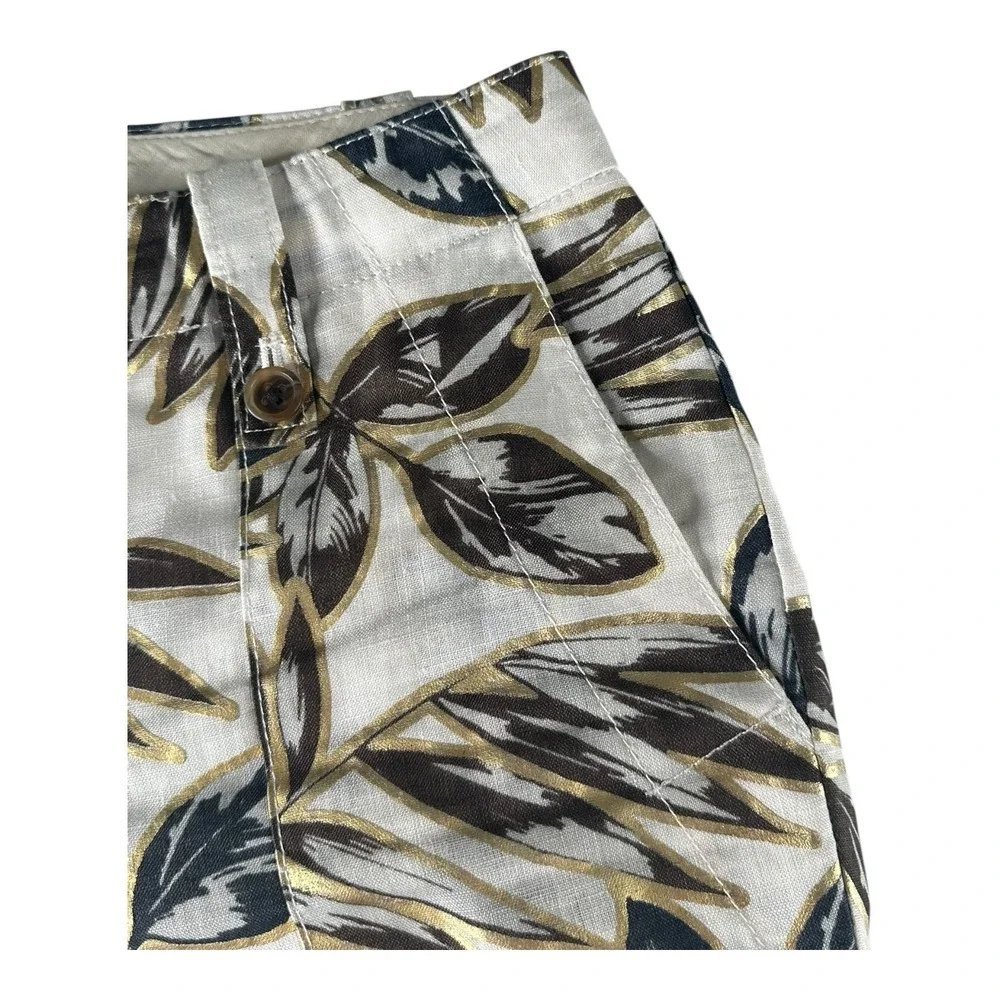 J. Crew Women's Garden Pant Cropped Gold Foil Leaf 100% Linen‎ Size 00